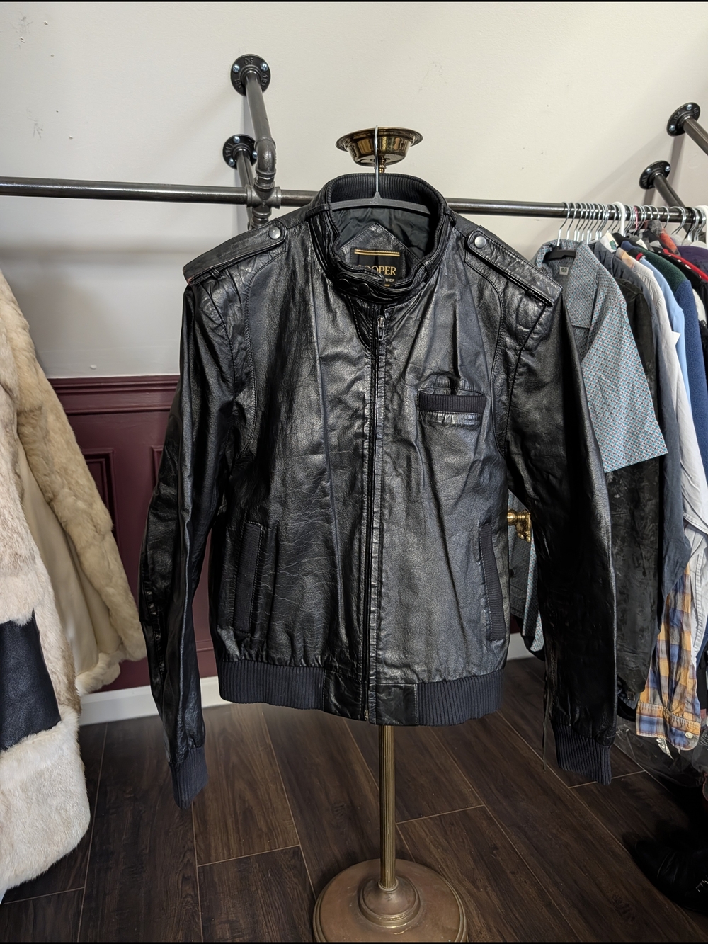 COOPER Vintage Black Leather K-15 Military-Style Bomber Aviator Biker Jacket